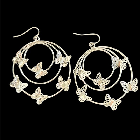 Butterfly Silver Tone Dangling Concentric circles Hoop Earrings - Picture 1 of 2